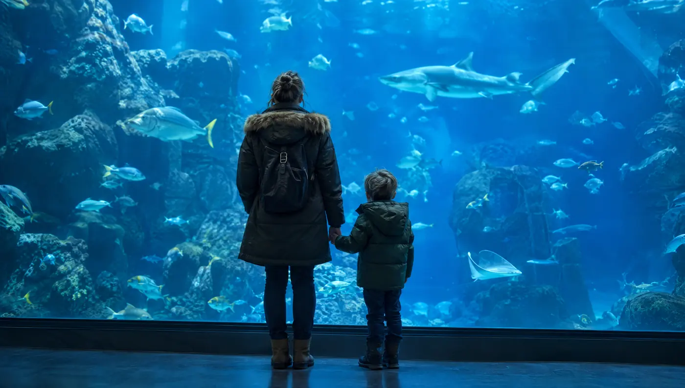 Parent and preschooler holding hands in front of a large aquarium tank