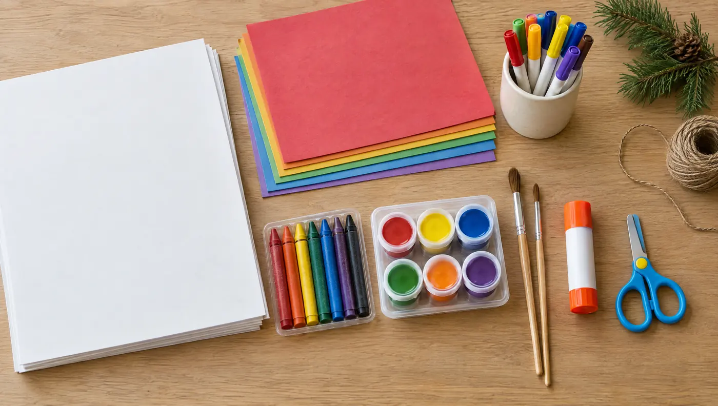 Flat lay of kids' art supplies: paper, markers, crayons, paint pots, brushes and scissors