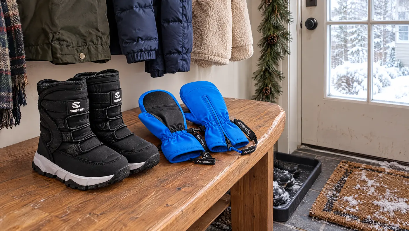 All-black kids' snow boots and blue waterproof mittens on a mudroom bench