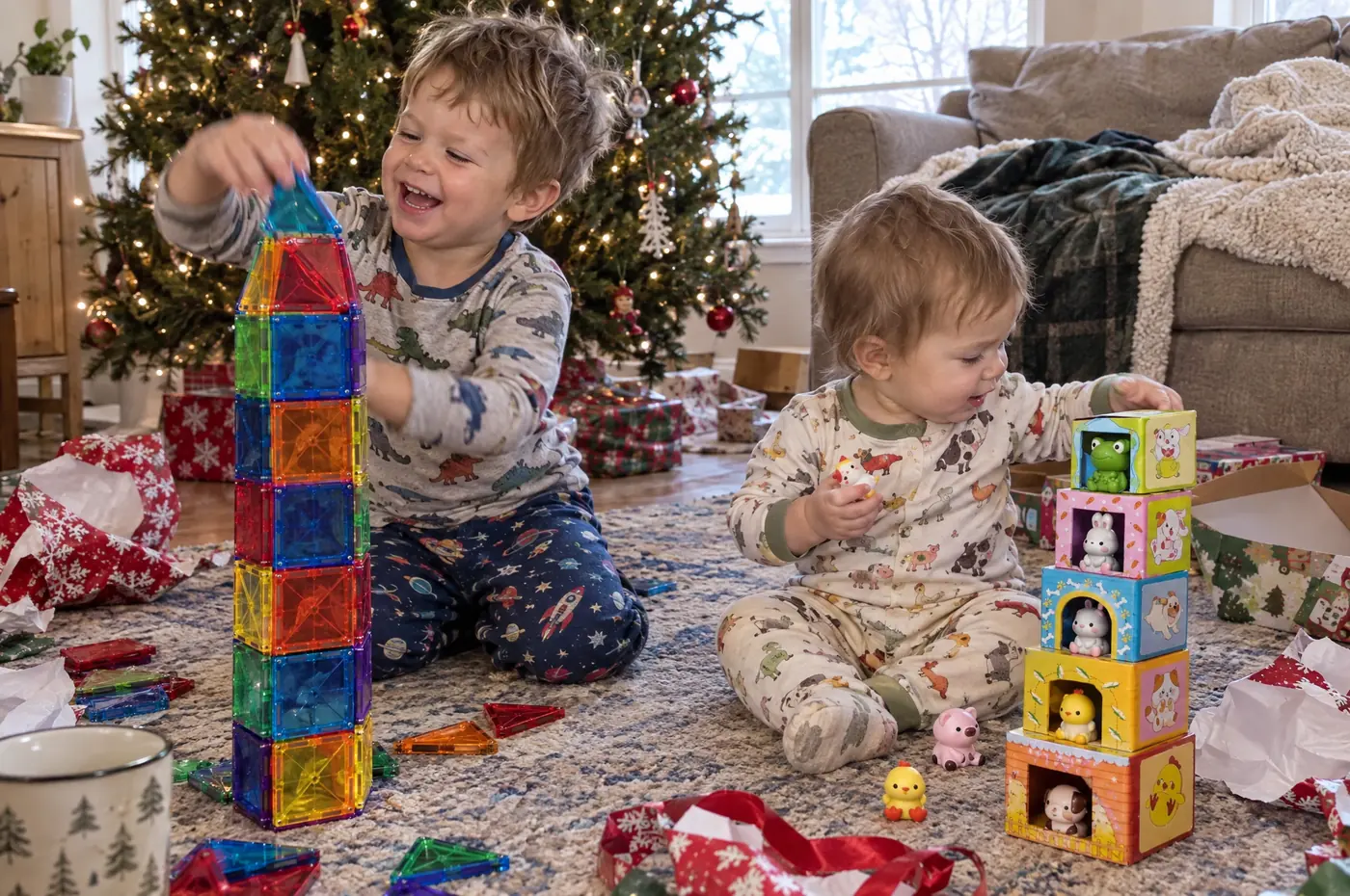 Two brothers playing with magnetic tiles and a farm animal stacking toy on Christmas morning
