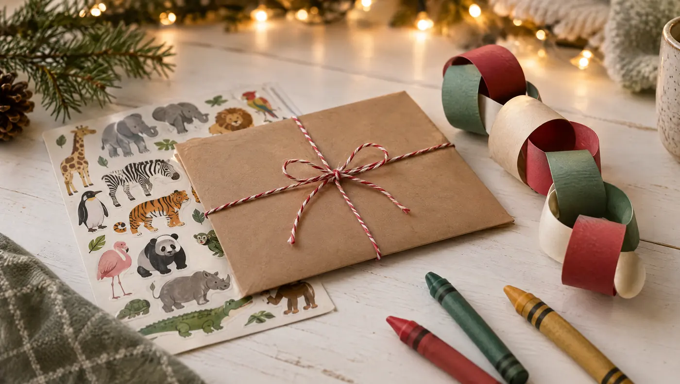Membership envelope tied with twine on a sheet of animal stickers next to a paper chain countdown
