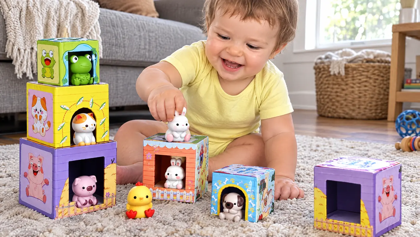 Baby playing with farm animal stacking boxes with little doors and matching animal figures