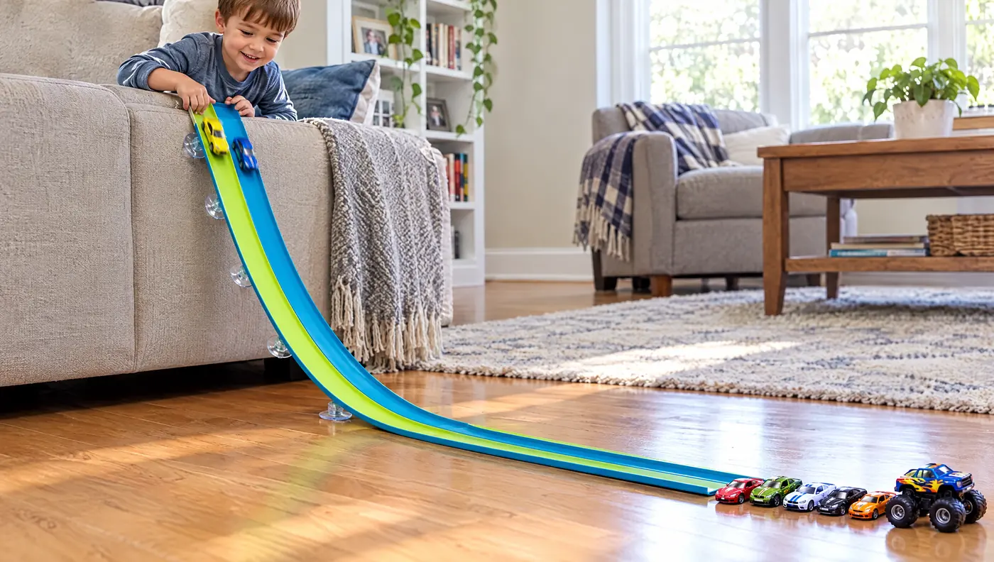 Boy racing two die-cast cars down a blue and green flexible dual-lane race track stuck to the couch