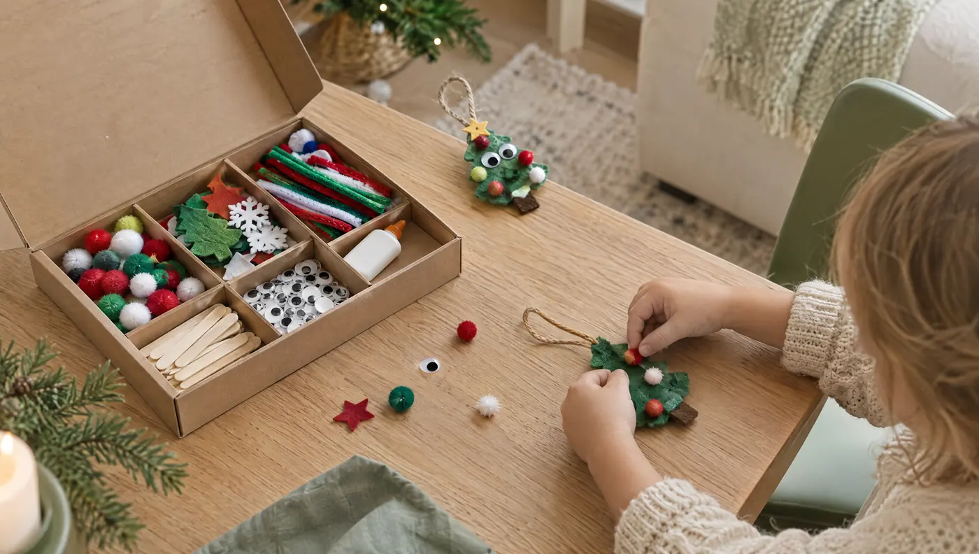Child making a felt Christmas tree ornament from a kids' craft kit