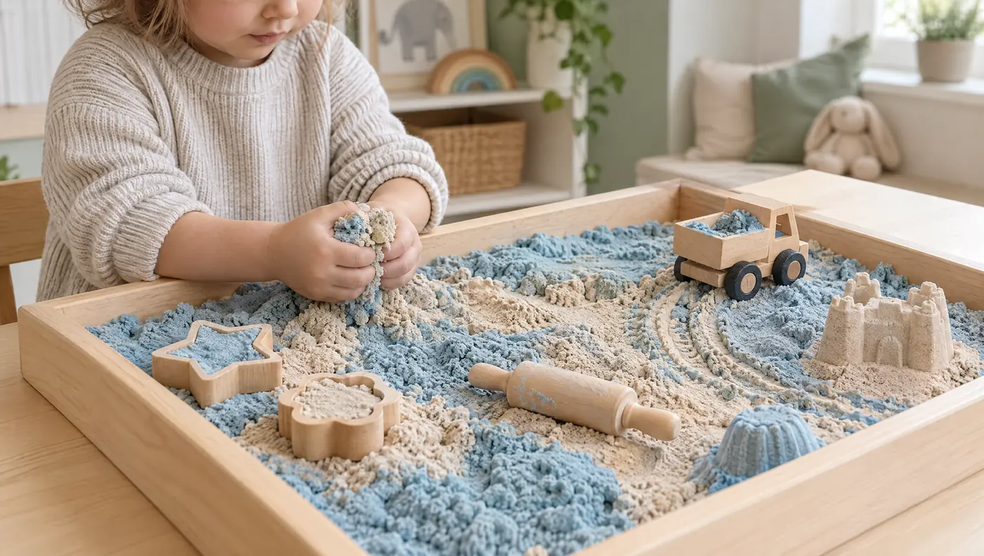 Kinetic sand kept in a wooden tray on a kids' table with molds and a toy truck