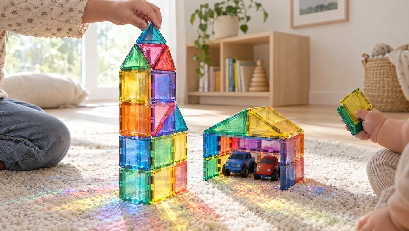 Magnetic tile tower and garage with toy cars on a playroom rug