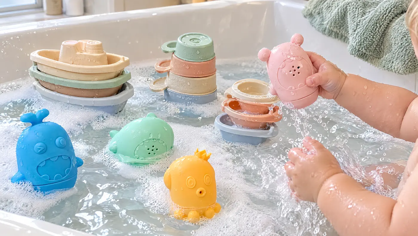 Pastel silicone stacking boats, cups and squirt animal bath toys floating in a bubble bath