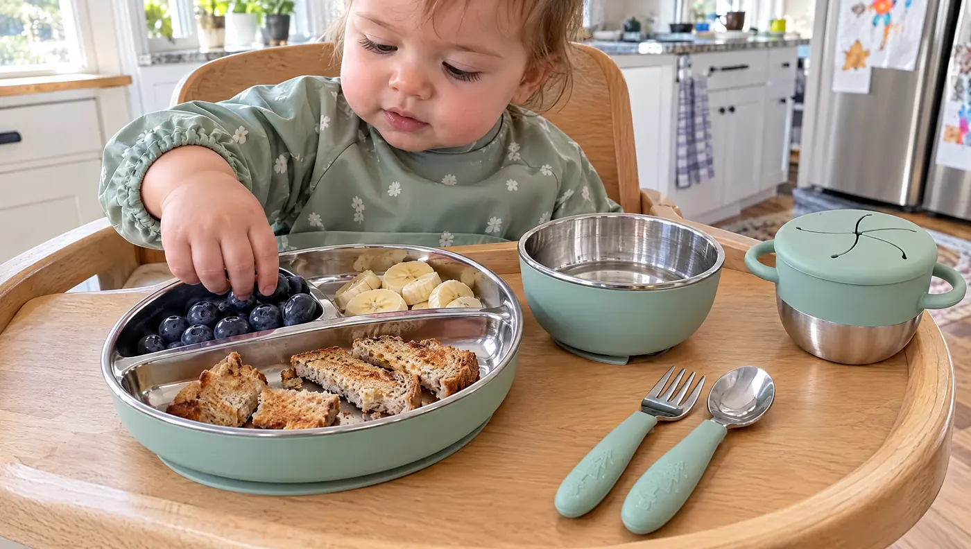 Toddler eating from a stainless steel suction plate with matching bowl, snack cup and utensils
