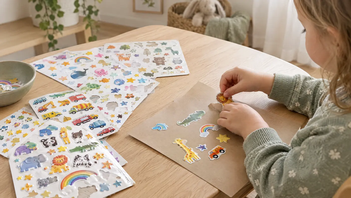 Preschooler peeling animal and rainbow stickers onto kraft paper
