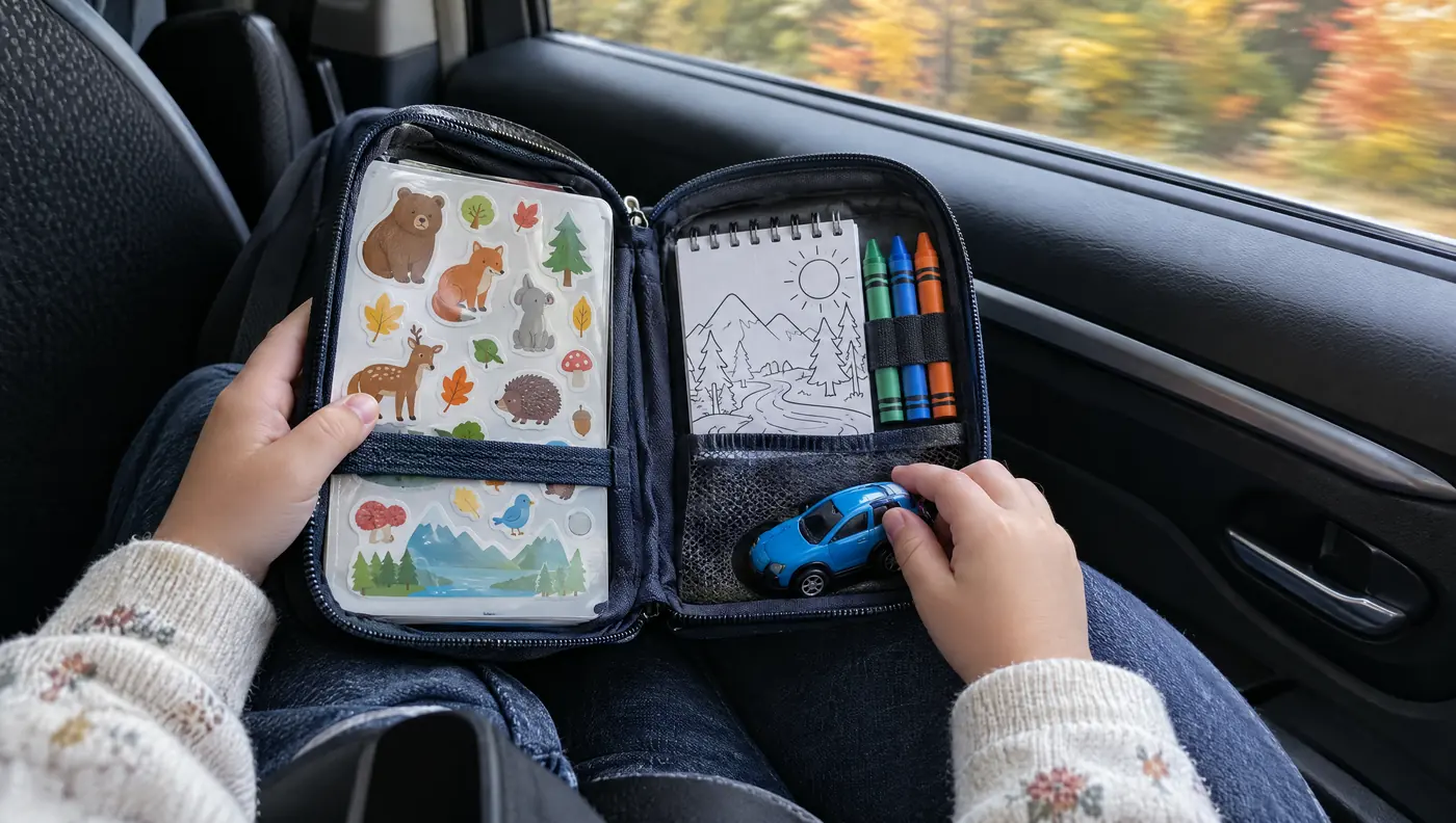 Travel activity pouch with a reusable sticker pad, coloring pad and toy car in a car seat