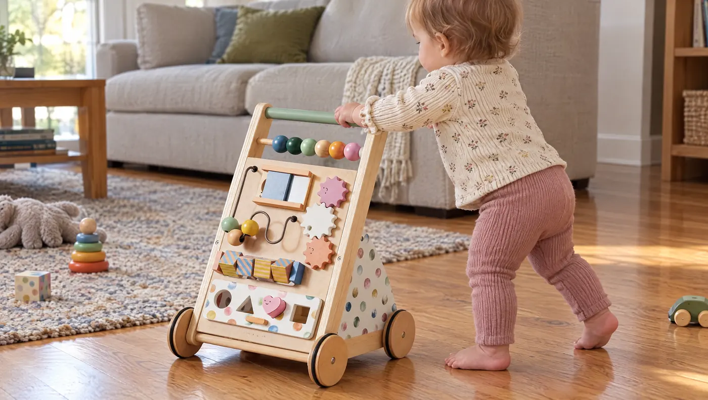 Toddler pushing a wooden activity walker with an abacus, gears and shape sorter