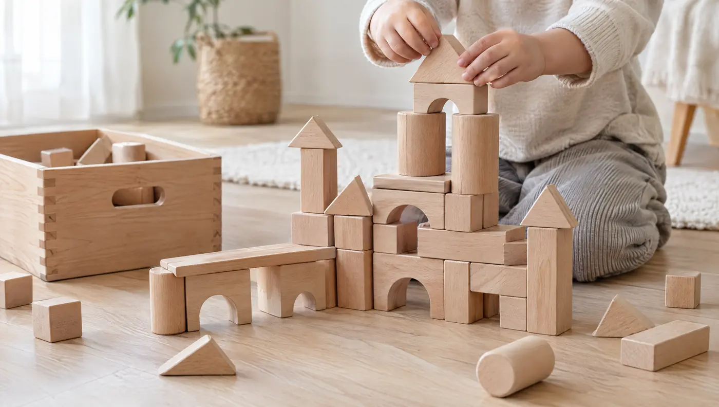 Child building a castle from natural wooden blocks