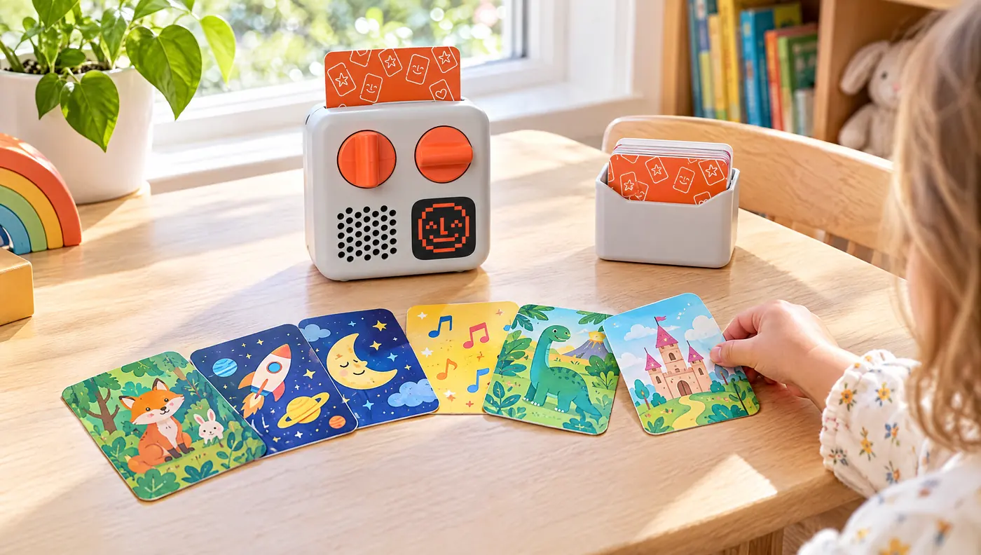 Yoto Mini audio player on a kids' table with a spread of colorful story cards