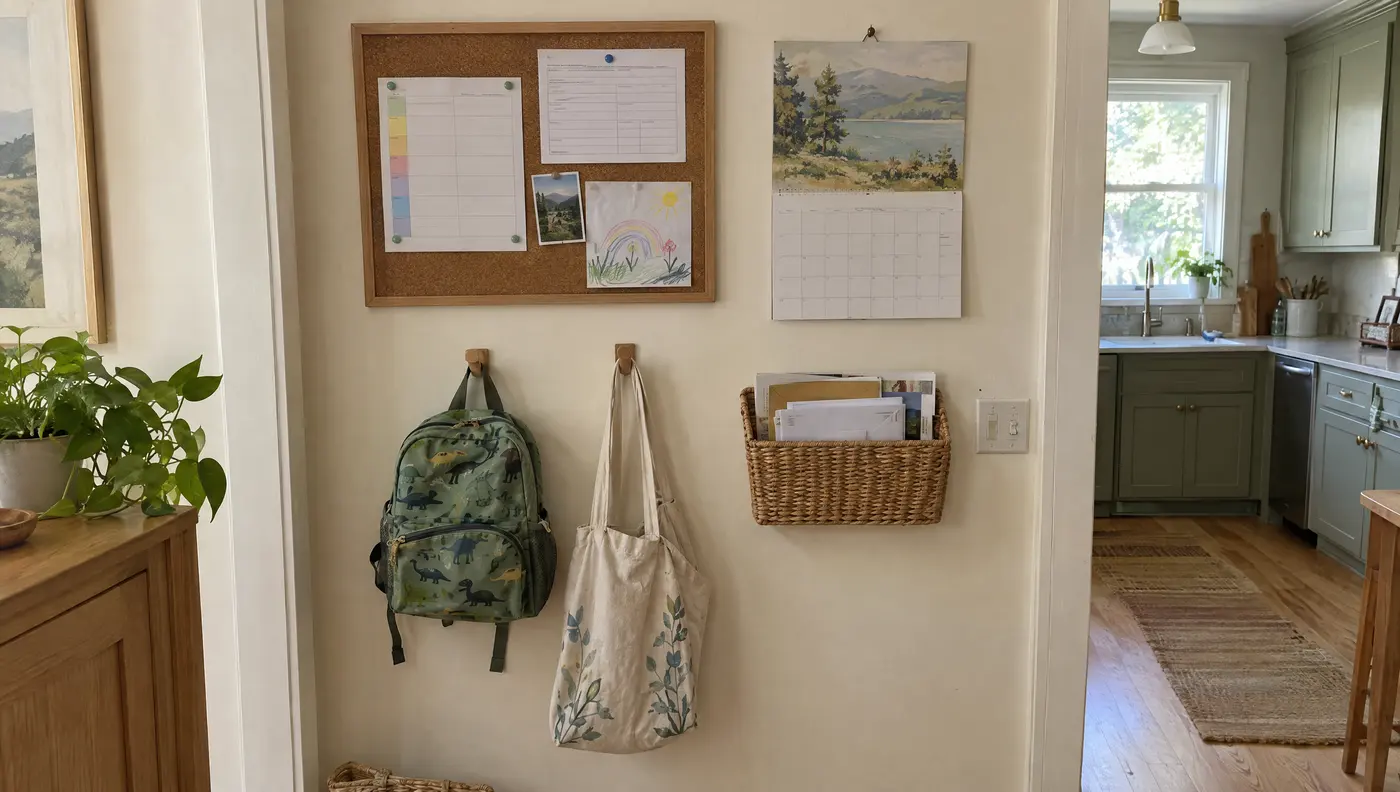 A simple family command center by the kitchen: a cork board with a weekly schedule, a wall calendar, backpack hooks and a mail basket