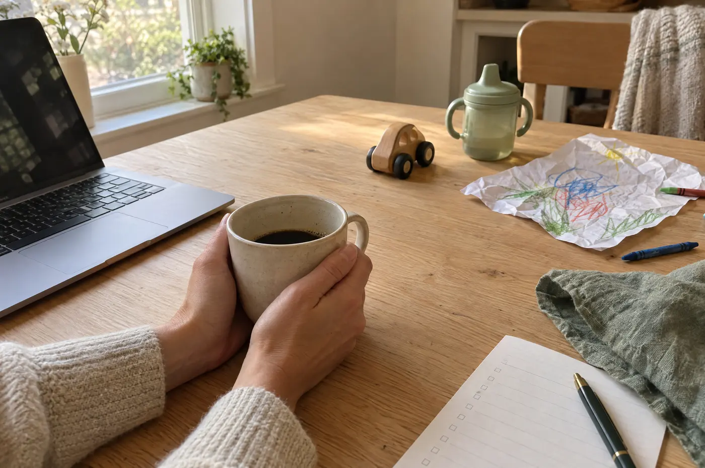A mom's hands around a half-finished mug of coffee at the kitchen table, next to a laptop, a toy car, a sippy cup and a crayon drawing