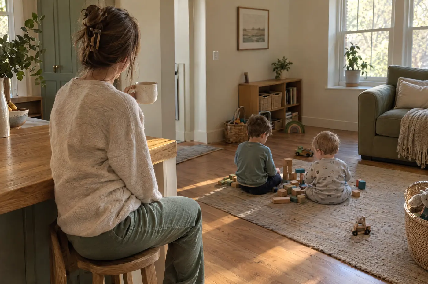 A mom sitting at the kitchen counter with her coffee, watching her two young boys build with wooden blocks on the rug