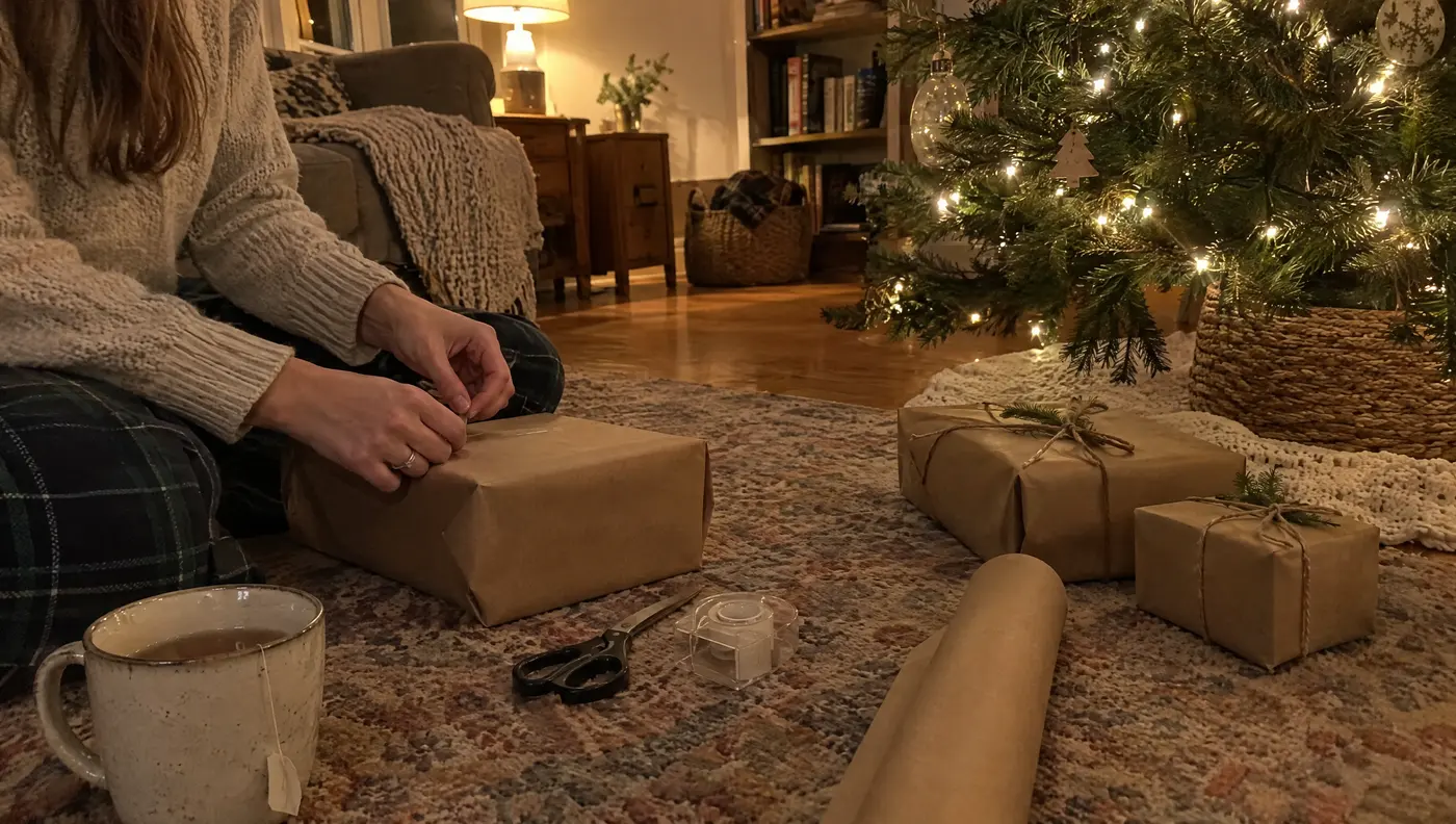 December holiday preparation with Christmas gifts and wrapping supplies