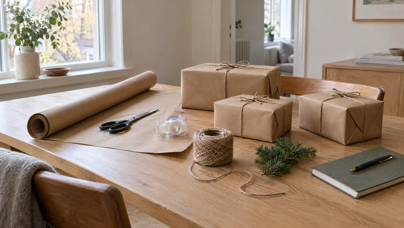 November Christmas prep with gifts wrapping supplies and holiday planning