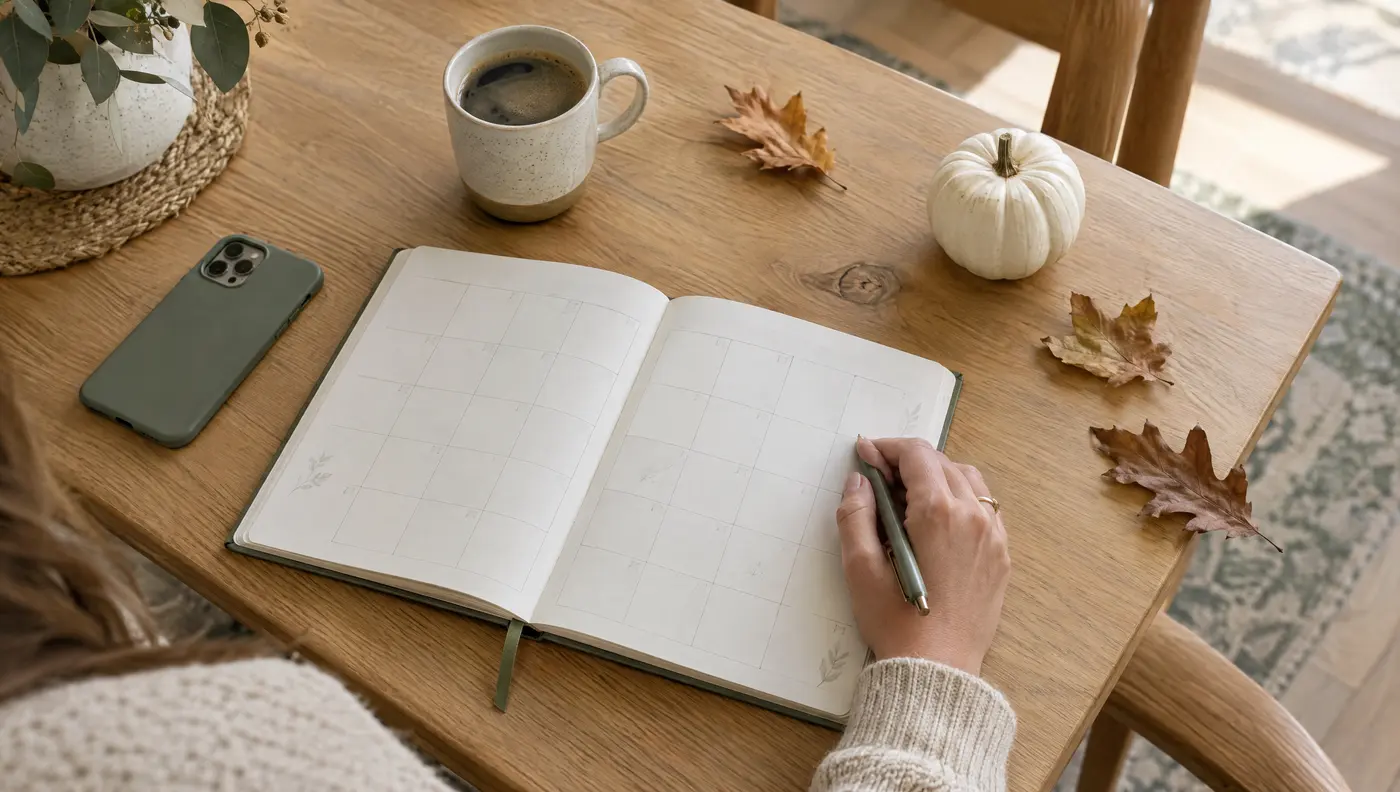 October holiday planning checklist with family calendar and Christmas planning notes