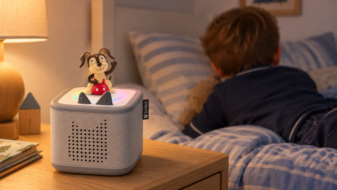 A Toniebox 2 with its light ring glowing on a nightstand while a child settles into bed