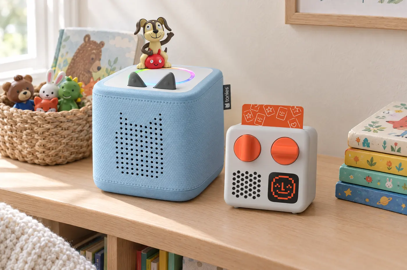 A Toniebox and a Yoto Mini side by side on a kids' shelf