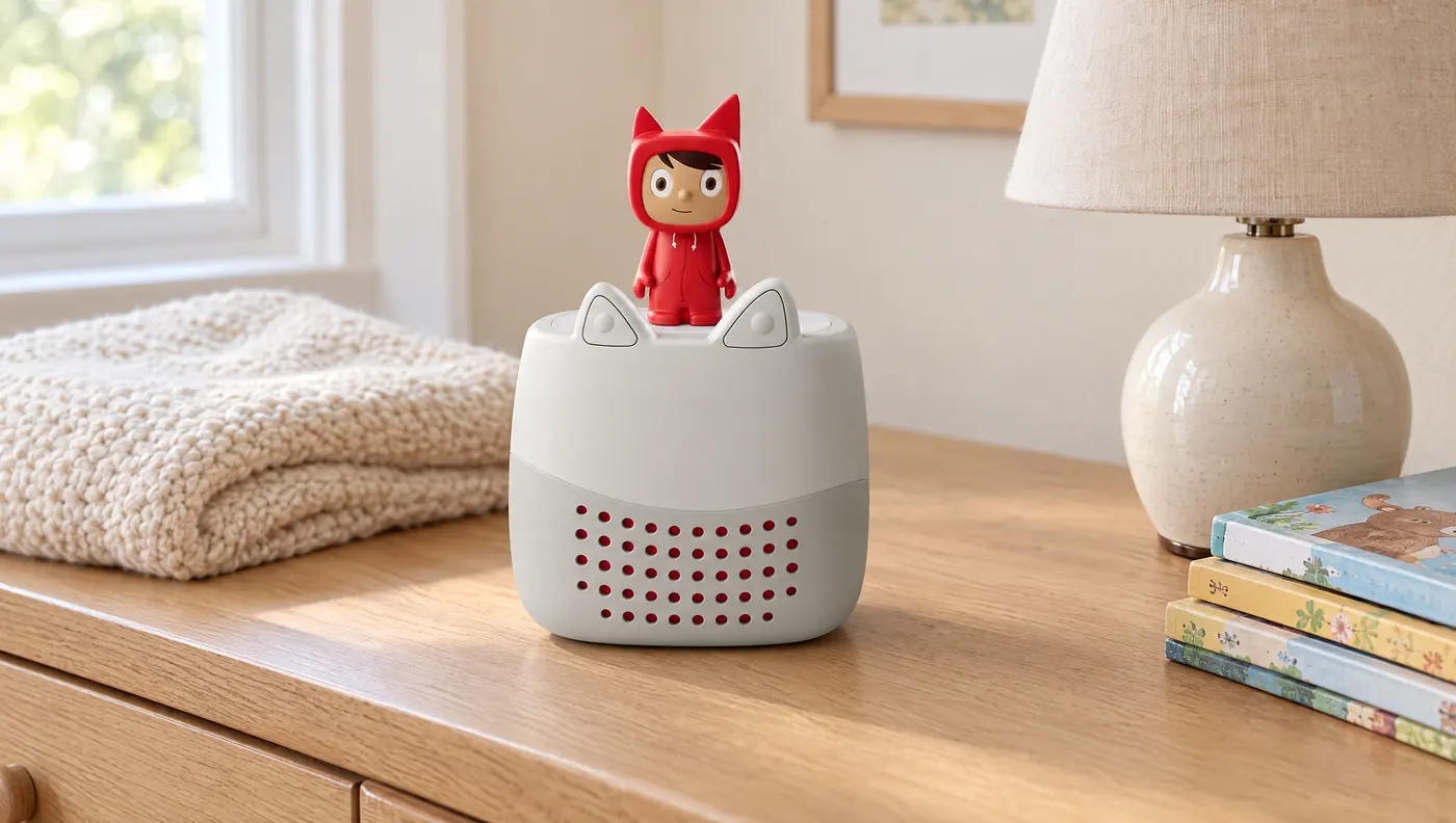 A Toniebox Lite with a red Creative Tonie on top, on a bedroom dresser