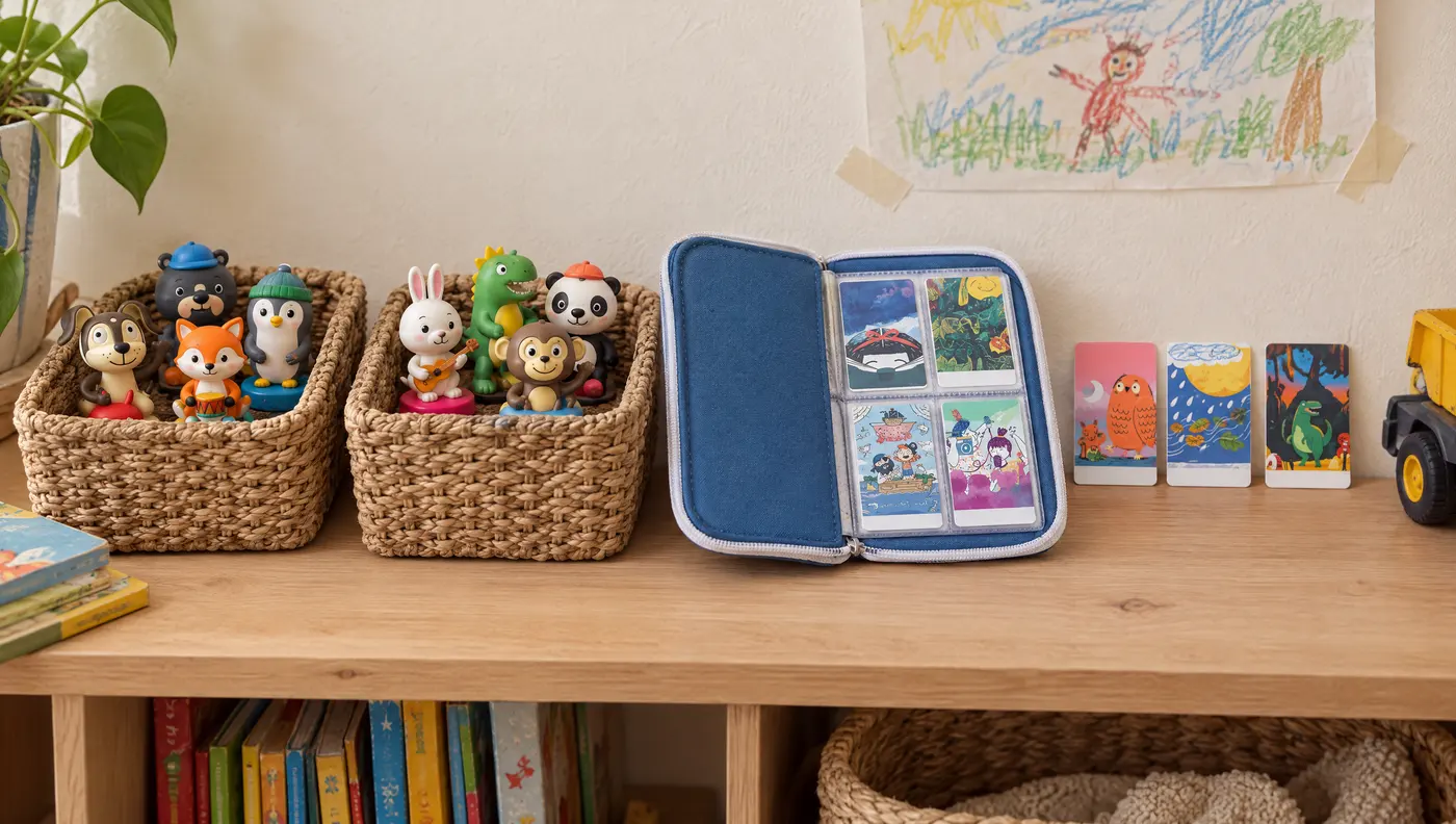 Tonies figurines in two small baskets, one per kid, next to an open Yoto card case and a few Yoto cards