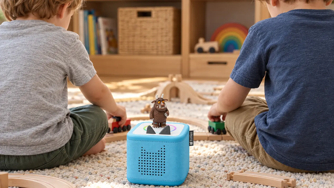 Two kids playing with a wooden train set on a rug, with a blue Toniebox between them