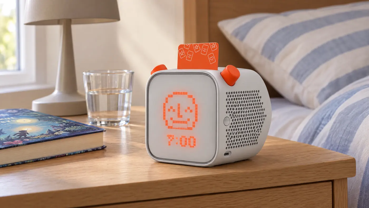 A Yoto Player on a nightstand showing 7:00 on its pixel display as an okay-to-wake clock