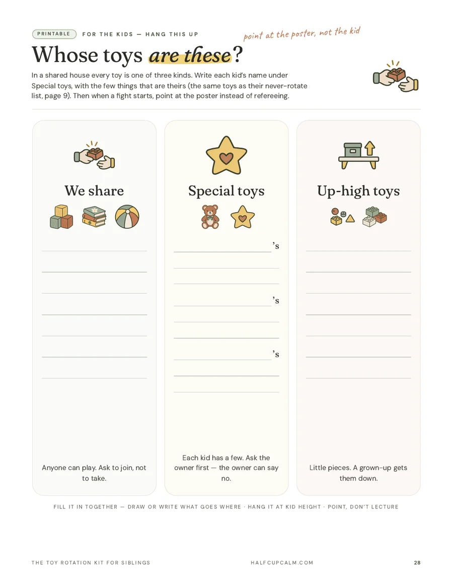 Kid pages: a page from the printable toy rotation kit