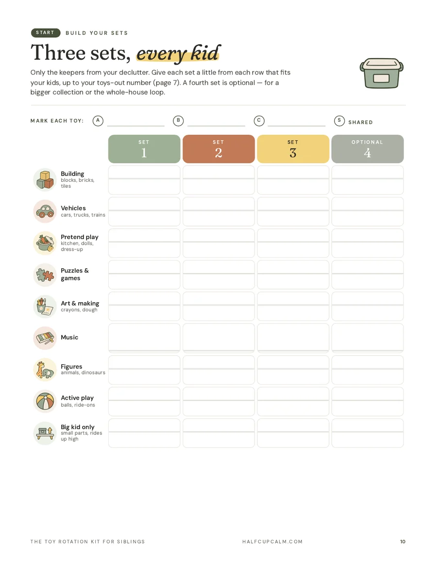 Set planner: a page from the printable toy rotation kit