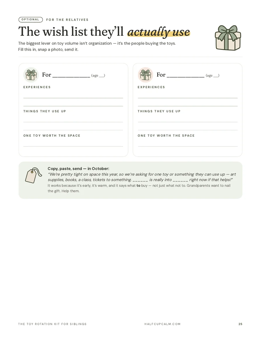 A wish list for relatives: a page from the printable toy rotation kit