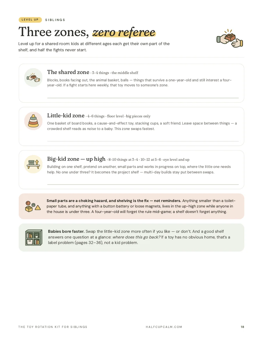 The three zones page: a shared zone, a little-kid zone and a big-kid zone up high