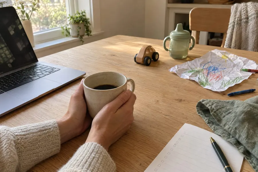 A mom's hands around a half-finished mug of coffee at the kitchen table, next to a laptop, a toy car, a sippy cup and a crayon drawing