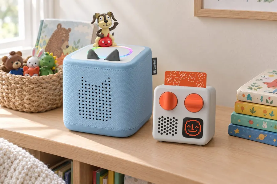 A Toniebox and a Yoto Mini side by side on a kids' shelf